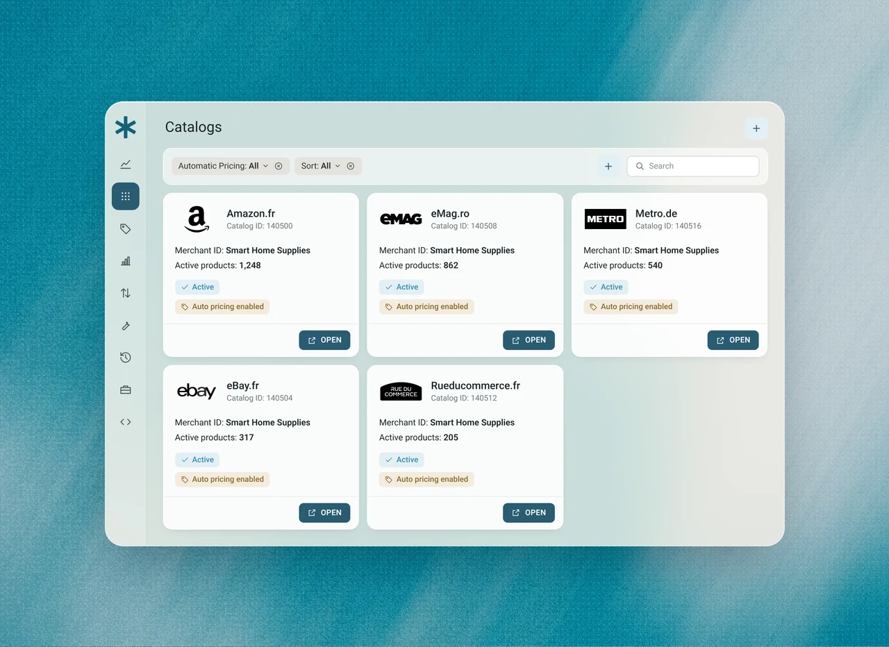 Multiply catalog dashboard listing connected marketplace catalogs