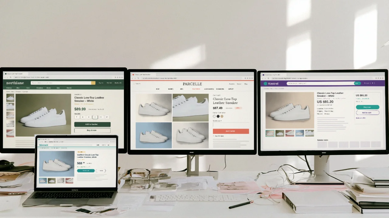 The same white leather sneaker listed at different prices on several marketplace storefronts, shown on three monitors and a laptop